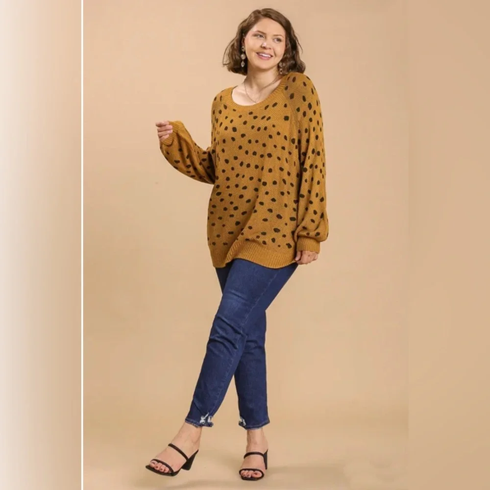 Umgee Mustard and Black Polka Dot Sweater - Picture 5 of 6